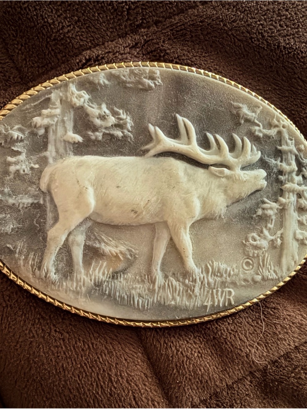 VINTAGE INCOLAY STONE BUGLING ELK BELT BUCKLE 4WR
